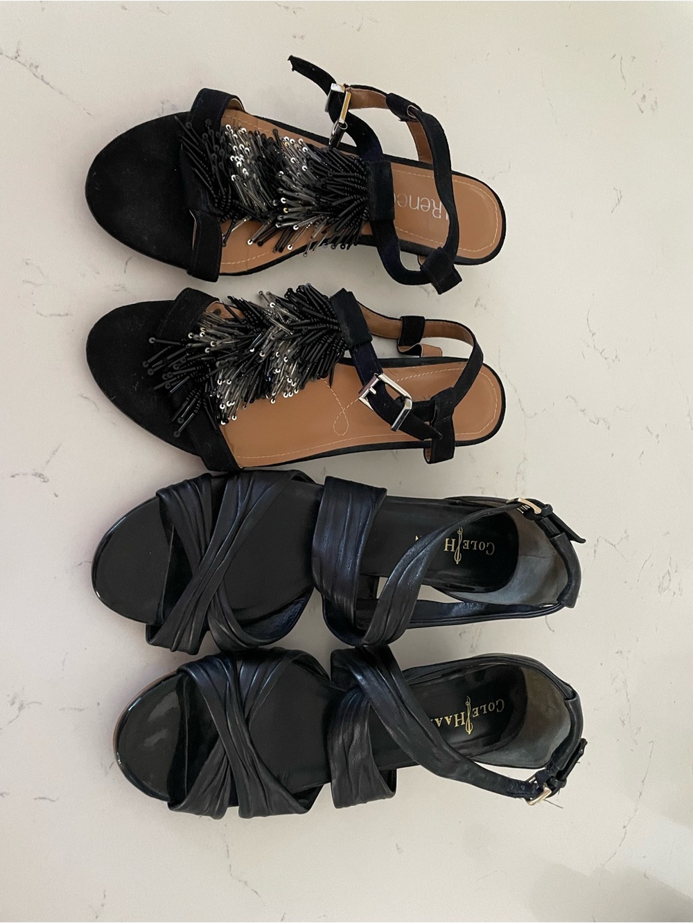 Black Beaded T-Strap Sandals - Unbranded